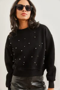 Olalook Women's Black Pearl Detailed Rose Crop Thick Sweatshirt