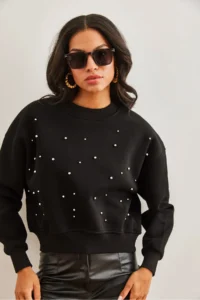 Olalook Women's Black Pearl Detailed Rose Crop Thick Sweatshirt - Image 2