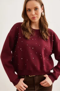 Olalook Women's Claret Red Pearl Detailed Rose Crop Thick Sweatshirt