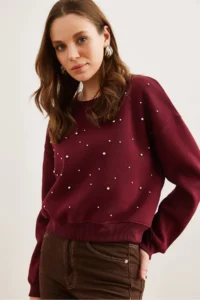 Olalook Women's Claret Red Pearl Detailed Rose Crop Thick Sweatshirt - Image 2