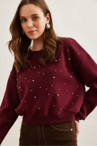 Olalook Women's Claret Red Pearl Detailed Rose Crop Thick Sweatshirt - Image 3