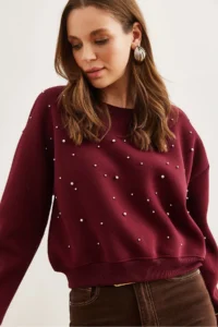 Olalook Women's Claret Red Pearl Detailed Rose Crop Thick Sweatshirt - Image 4