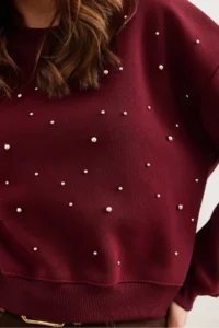 Olalook Women's Claret Red Pearl Detailed Rose Crop Thick Sweatshirt - Image 5