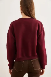 Olalook Women's Claret Red Pearl Detailed Rose Crop Thick Sweatshirt - Image 6