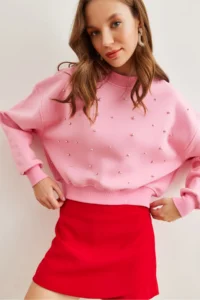 Olalook Women's Candy Pink Pearl Detailed Rose Crop Thick Sweatshirt