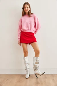 Olalook Women's Candy Pink Pearl Detailed Rose Crop Thick Sweatshirt - Image 3