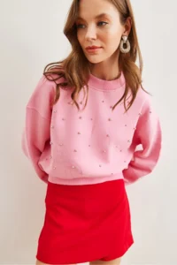 Olalook Women's Candy Pink Pearl Detailed Rose Crop Thick Sweatshirt - Image 4