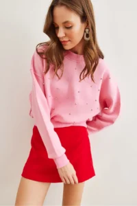 Olalook Women's Candy Pink Pearl Detailed Rose Crop Thick Sweatshirt - Image 5