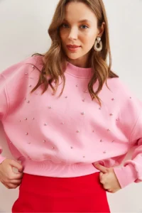 Olalook Women's Candy Pink Pearl Detailed Rose Crop Thick Sweatshirt - Image 6