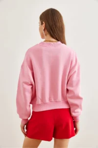 Olalook Women's Candy Pink Pearl Detailed Rose Crop Thick Sweatshirt - Image 7