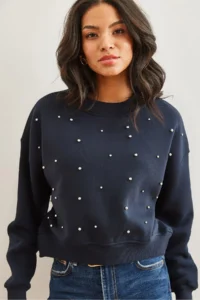 Olalook Women's Navy Blue Pearl Detailed Rose Crop Thick Sweatshirt - Image 2