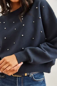 Olalook Women's Navy Blue Pearl Detailed Rose Crop Thick Sweatshirt - Image 3