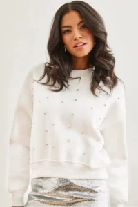 Olalook Women's White Pearl Detailed Rose Crop Thick Sweatshirt
