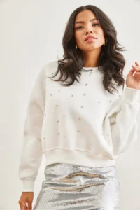 Olalook Women's White Pearl Detailed Rose Crop Thick Sweatshirt - Image 2