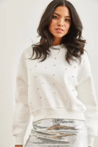 Olalook Women's White Pearl Detailed Rose Crop Thick Sweatshirt - Image 3