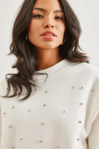 Olalook Women's White Pearl Detailed Rose Crop Thick Sweatshirt - Image 5