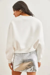 Olalook Women's White Pearl Detailed Rose Crop Thick Sweatshirt - Image 6