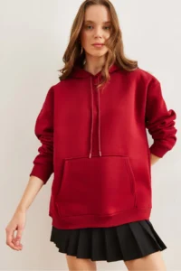 Olalook Women's Burgundy Hooded Kangaroo Pocket Ribbed Oversize Sweatshirt