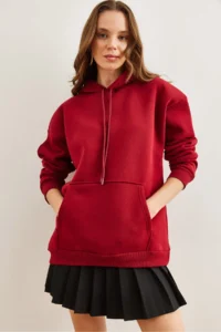 Olalook Women's Burgundy Hooded Kangaroo Pocket Ribbed Oversize Sweatshirt - Image 2