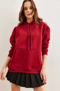 Olalook Women's Burgundy Hooded Kangaroo Pocket Ribbed Oversize Sweatshirt - Image 3