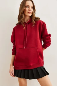 Olalook Women's Burgundy Hooded Kangaroo Pocket Ribbed Oversize Sweatshirt - Image 4