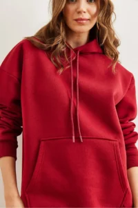 Olalook Women's Burgundy Hooded Kangaroo Pocket Ribbed Oversize Sweatshirt - Image 5