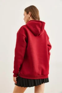 Olalook Women's Burgundy Hooded Kangaroo Pocket Ribbed Oversize Sweatshirt - Image 6