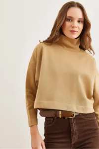 Olalook Women's Beige Stand-Up Collar Bat Crop Sweatshirt - Image 2