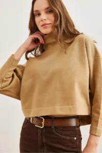 Olalook Women's Beige Stand-Up Collar Bat Crop Sweatshirt - Image 5