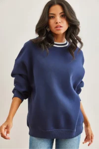 Olalook Women's Navy Blue Collar Detailed Thick Sweatshirt