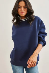 Olalook Women's Navy Blue Collar Detailed Thick Sweatshirt - Image 5