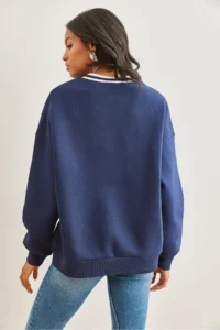 Olalook Women's Navy Blue Collar Detailed Thick Sweatshirt - Image 6