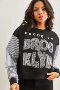Olalook Women's Black Sleeve Garnished Printed Raised Sweatshirt