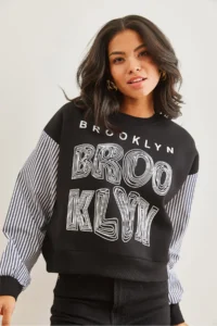 Olalook Women's Black Sleeve Garnished Printed Raised Sweatshirt - Image 2