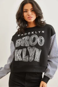 Olalook Women's Black Sleeve Garnished Printed Raised Sweatshirt - Image 3