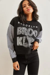 Olalook Women's Black Sleeve Garnished Printed Raised Sweatshirt - Image 4