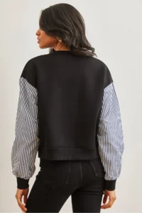 Olalook Women's Black Sleeve Garnished Printed Raised Sweatshirt - Image 6