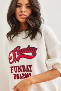 Olalook Women's Ecru Sunday Appliqued Rose Gold Sweatshirt - Image 2