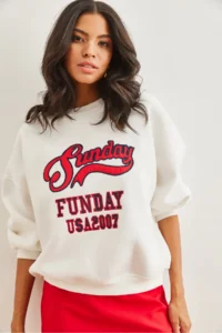 Olalook Women's Ecru Sunday Appliqued Rose Gold Sweatshirt - Image 3