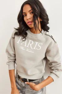 Olalook Women's Dolphin Gray Shoulder Button Detailed Rose Crop Thick Sweatshirt
