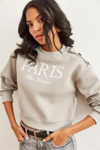 Olalook Women's Dolphin Gray Shoulder Button Detailed Rose Crop Thick Sweatshirt - Image 2