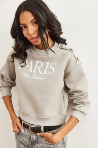 Olalook Women's Dolphin Gray Shoulder Button Detailed Rose Crop Thick Sweatshirt - Image 3