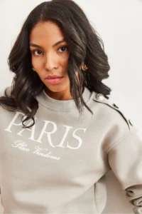 Olalook Women's Dolphin Gray Shoulder Button Detailed Rose Crop Thick Sweatshirt - Image 4