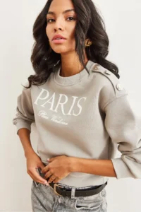 Olalook Women's Dolphin Gray Shoulder Button Detailed Rose Crop Thick Sweatshirt - Image 6
