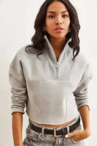 Olalook Women's Yunus Gray Stand-Up Collar Zippered Rose Crop Thick Sweatshirt