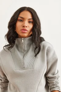 Olalook Women's Yunus Gray Stand-Up Collar Zippered Rose Crop Thick Sweatshirt - Image 4