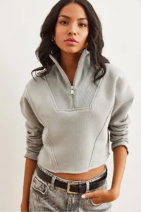 Olalook Women's Yunus Gray Stand-Up Collar Zippered Rose Crop Thick Sweatshirt - Image 6