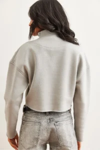 Olalook Women's Yunus Gray Stand-Up Collar Zippered Rose Crop Thick Sweatshirt - Image 7