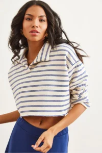 Olalook Women's Striped Navy Blue Polo Neck Striped Rose Gold Sweatshirt - Image 2