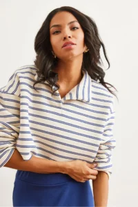 Olalook Women's Striped Navy Blue Polo Neck Striped Rose Gold Sweatshirt - Image 3